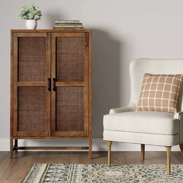 Warwick Library Cabinet Brown - Threshold™: Rattan-Panel Doors, Hardwood, Storage, UPC 677446144737