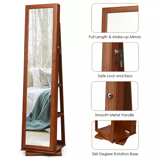 360degree Rotatable Jewelry Cabinet 2-in-1 Lockable Mirrored Organizer (brown)