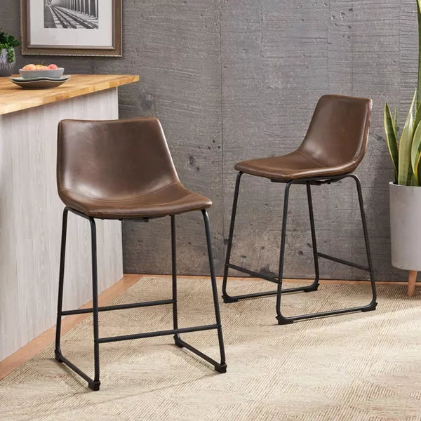 Set of 2 Cedric Counter Height Barstool Vintage Brown - Christopher Knight Home: Upholstered, Steel Frame, Modern Style