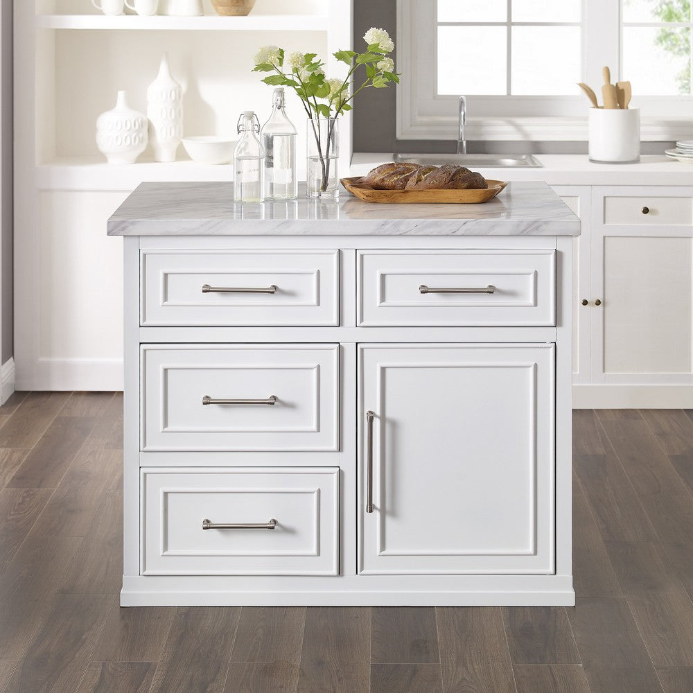 Crosley KF30094WM-WH Cutler 42 Inch Faux Marble Top Kitchen Island in White