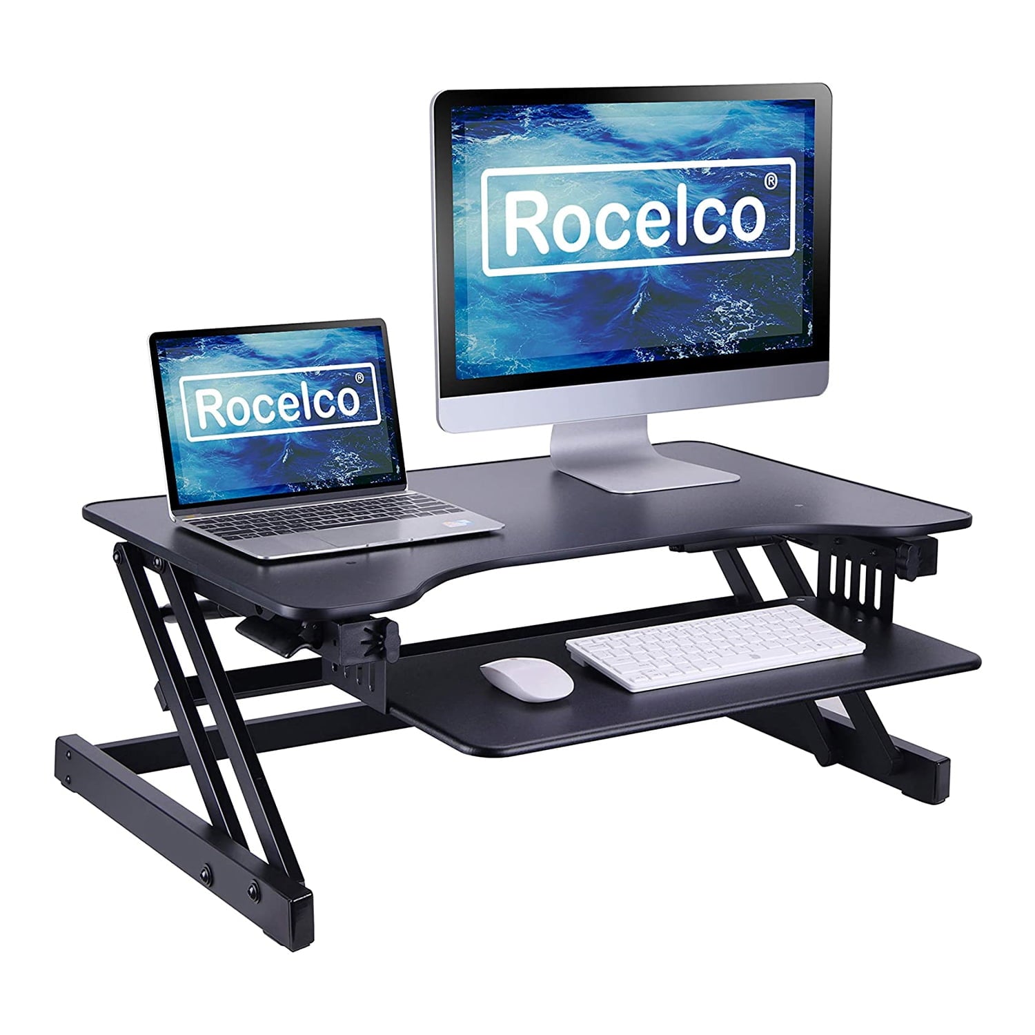 Rocelco Standing Desk Converter 32 Inch Adjustable Height Riser, Black