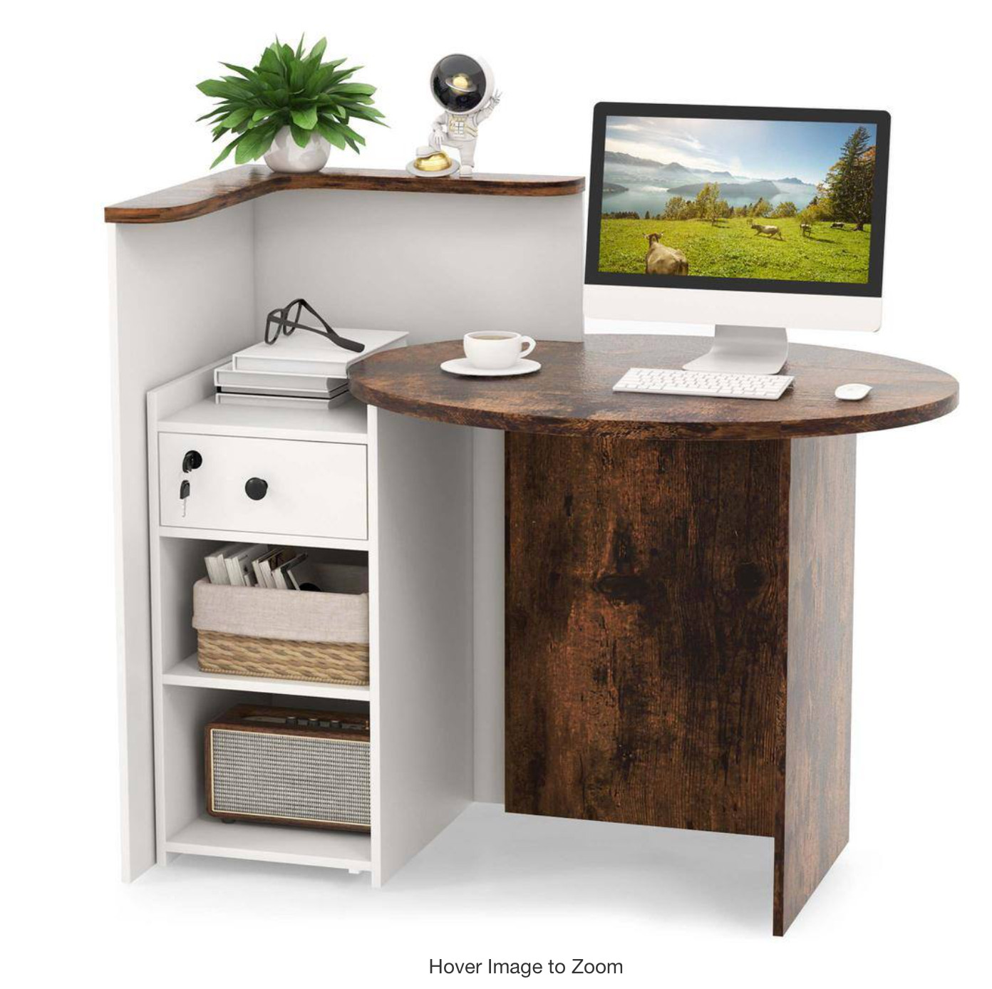 48 in. Round Rustic Brown Wood Front Reception Counter Desk Checkout Office Desk with Open Shelf and Lockable Drawer