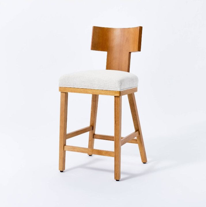 Salduro Sculptural Wood Counter Height Barstool with Upholstered Seat Linen