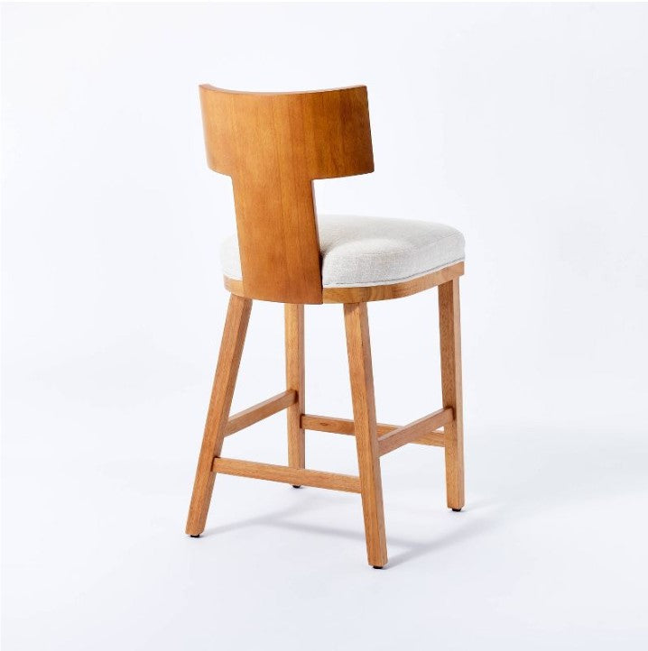 Salduro Sculptural Wood Counter Height Barstool with Upholstered Seat Linen