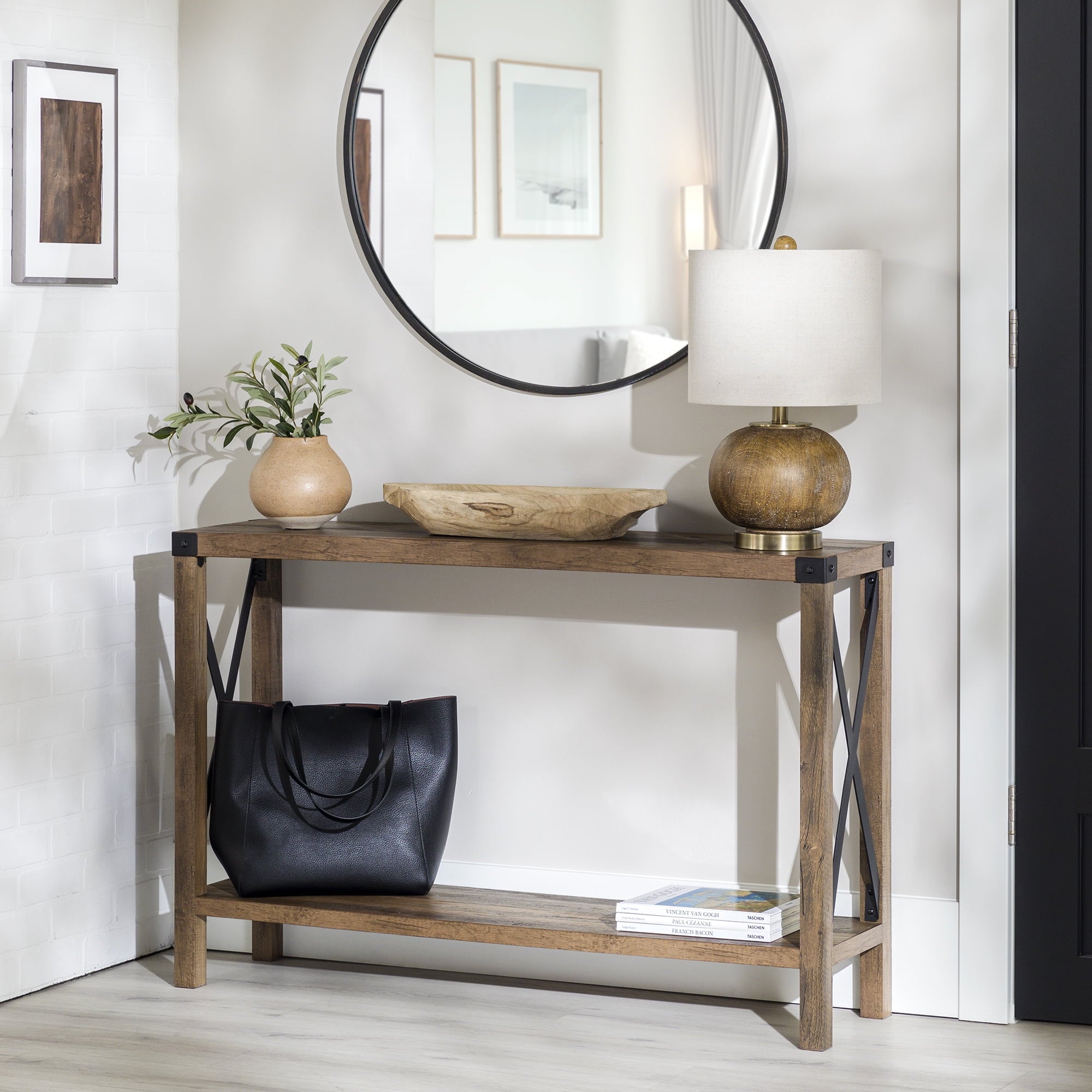 Walker Edison Magnolia Metal X Console Table, Reclaimed Barnwood