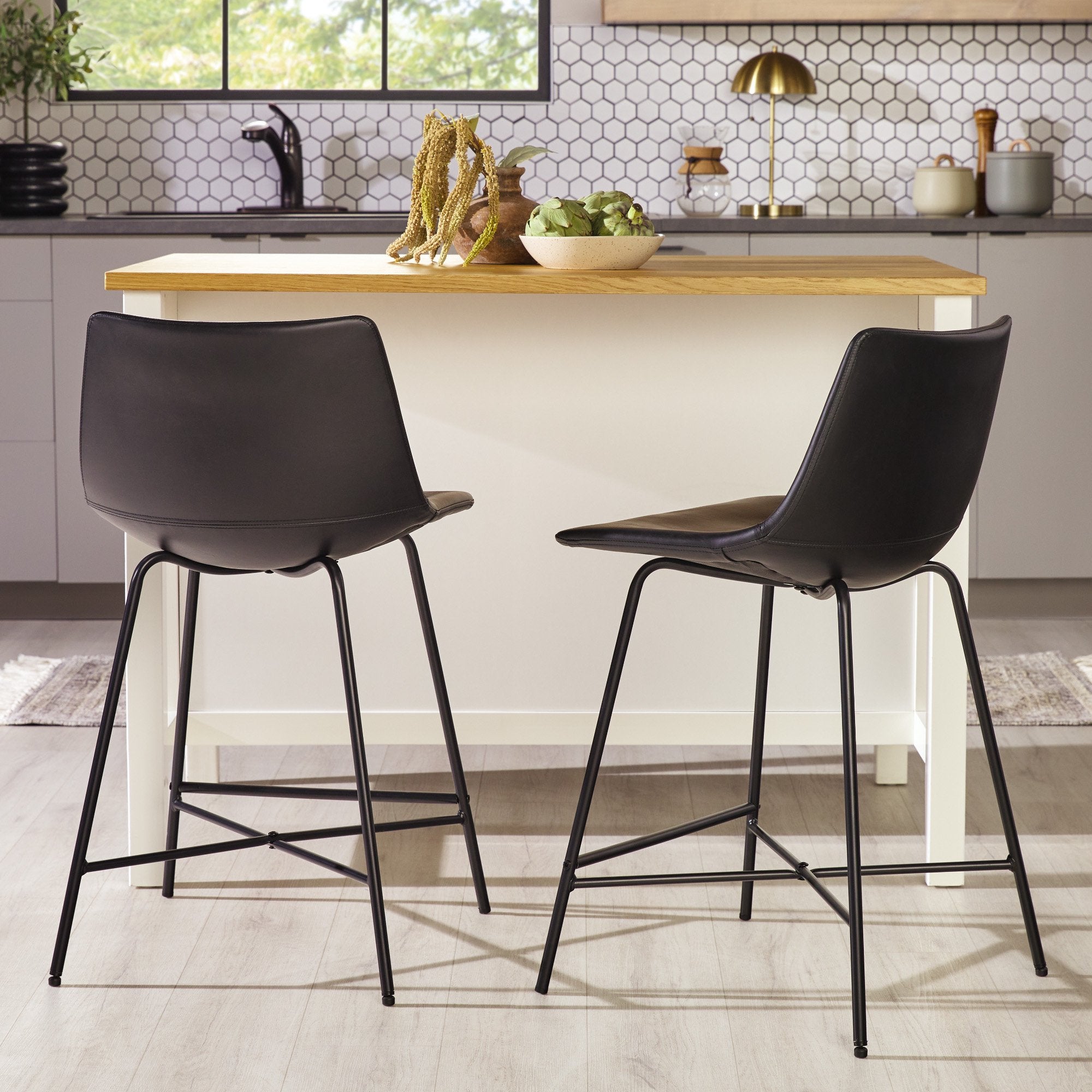 Walker Edison Upholstered Metal Counter Stools with X Base in Black