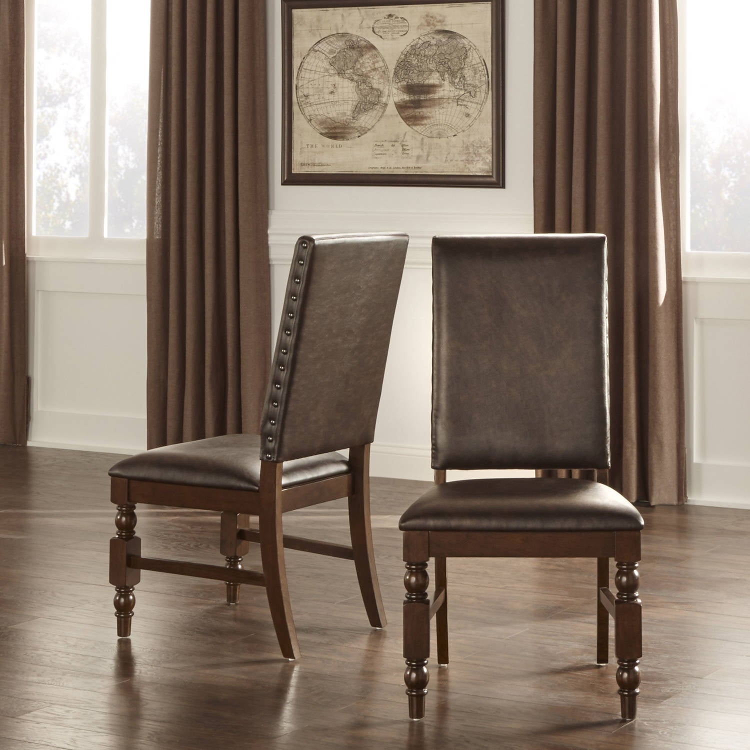 Weston Home Patterson Dark Oak Finish Upholstered Chairs, Set of 2, Dark Brown Faux Leather