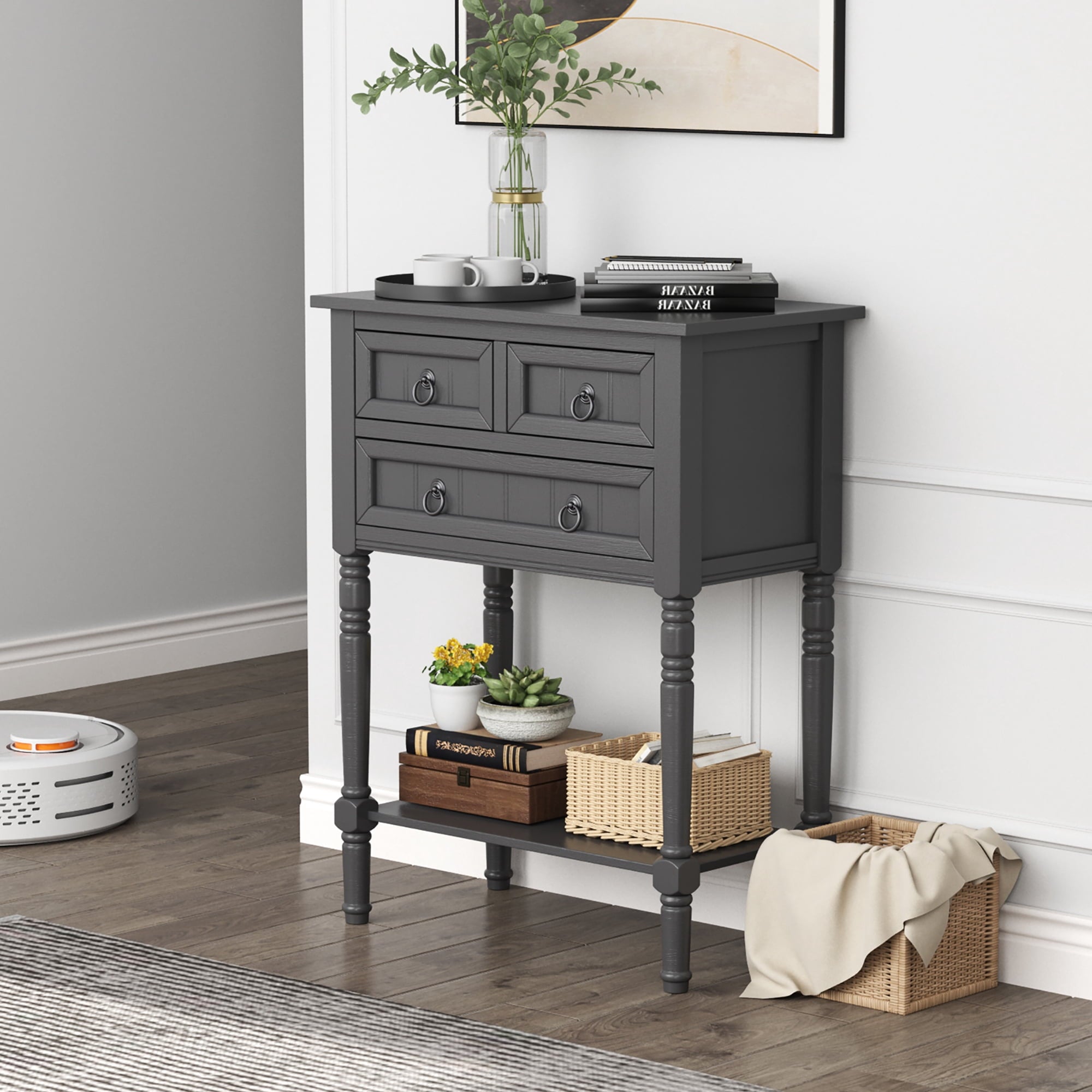 Console Entryway Table w/ 3 Drawers Open Shelf for Hallway Living room Dark Grey