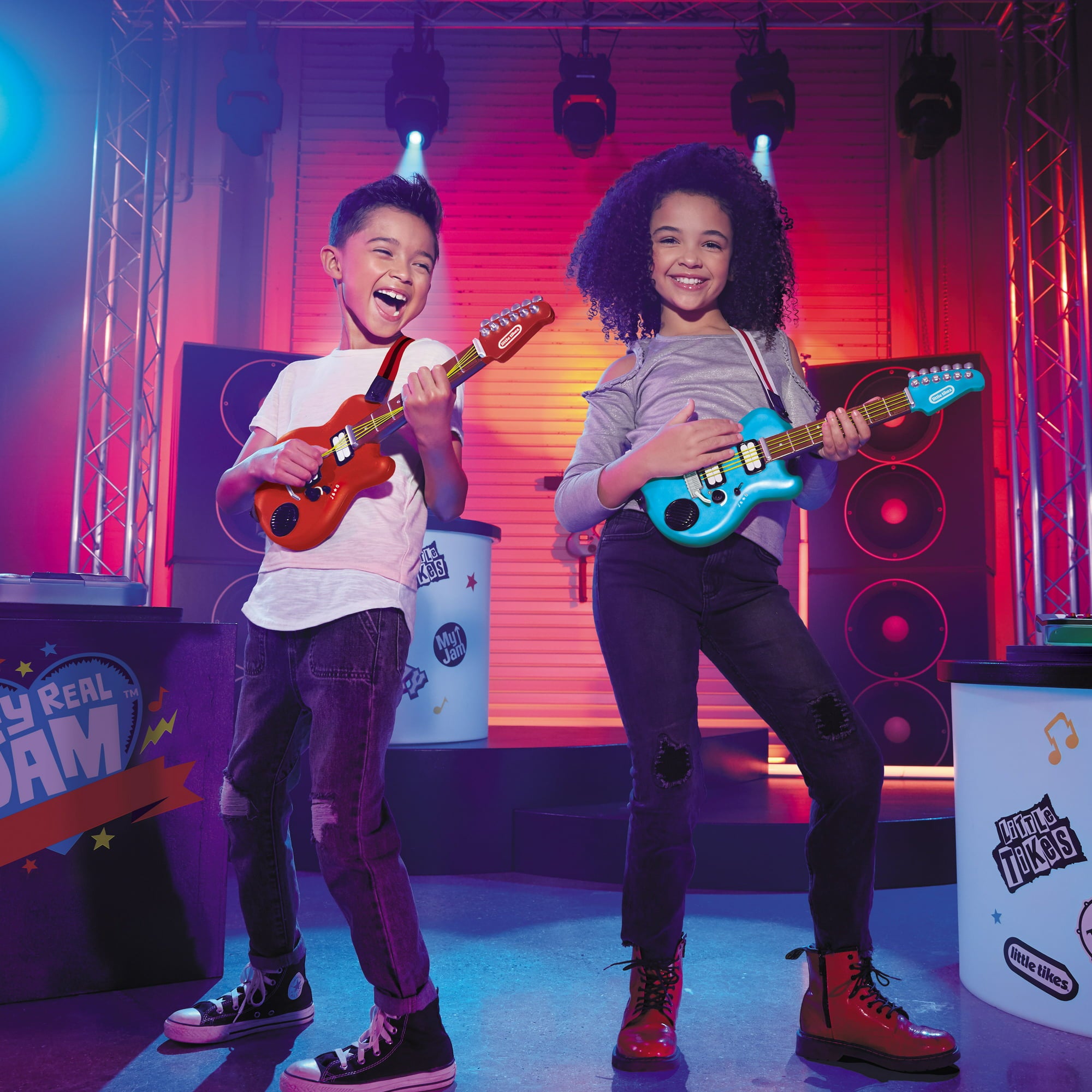 My Real Jam™ Twice the Fun Guitar™, Two Toy Electric Guitars with Cases and Straps, 4 Play Modes, and Bluetooth® Connectivity - For Kids Ages 3+