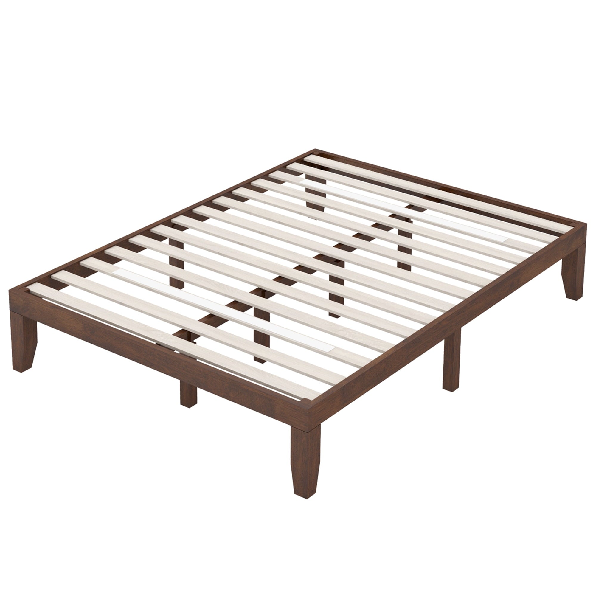 Queen Wooden Platform Bed 14'' Slats Support Mattress Foundation Brown Cherry