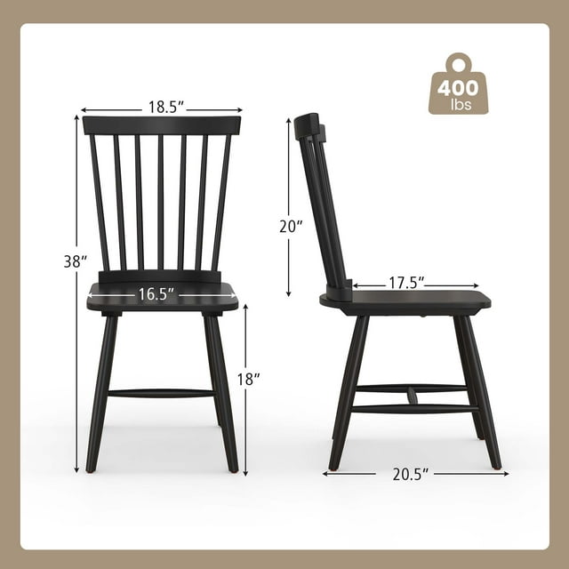 Costway Windsor Dining Chairs Set of 2 Armless Spindle Back Solid Rubber Wood Black