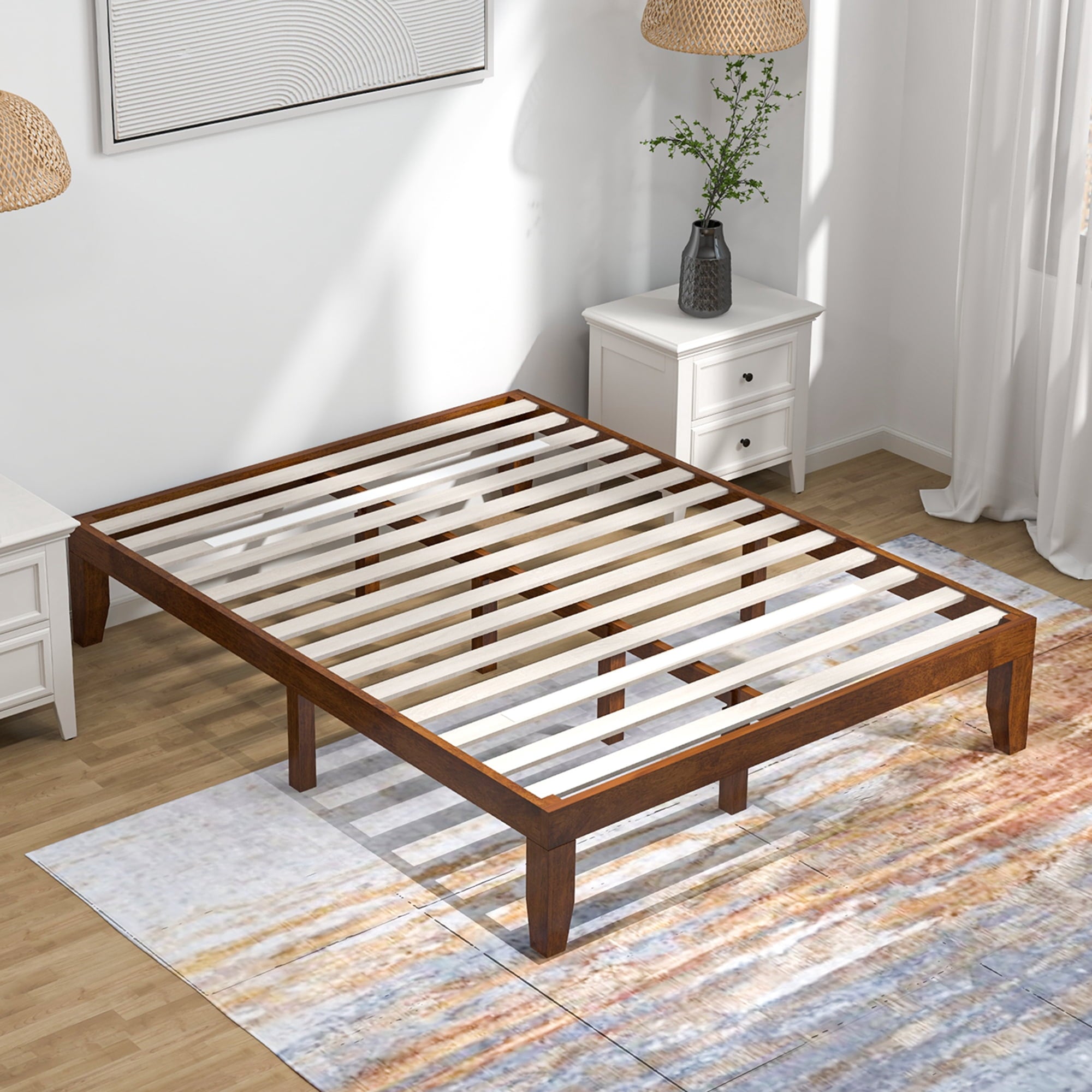 Queen Wooden Platform Bed 14'' Slats Support Mattress Foundation Brown Cherry