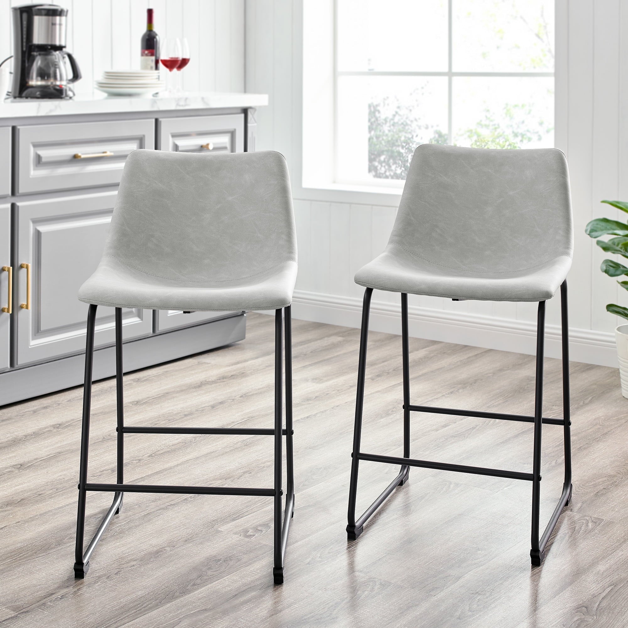 Walker Edison Full Back Faux Leather Counter Stools, Set of 2, Grey