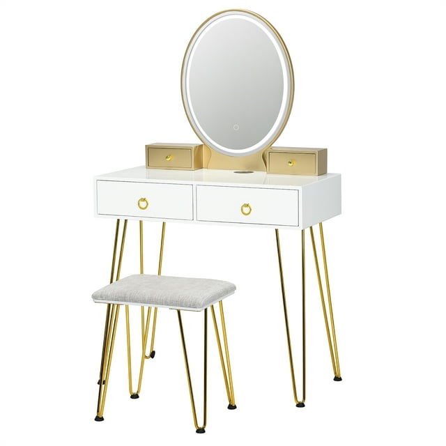 Industrial Mirrored Vanity Makeup Dressing Table Padded Stool Set 3-Color Lights