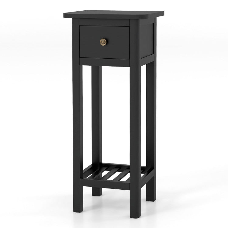 2 Tier Slim Nightstand Bedside Table with Drawer Shelf