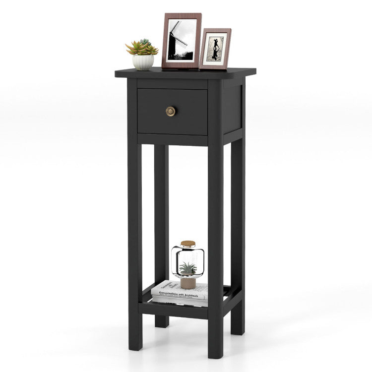 2 Tier Slim Nightstand Bedside Table with Drawer Shelf