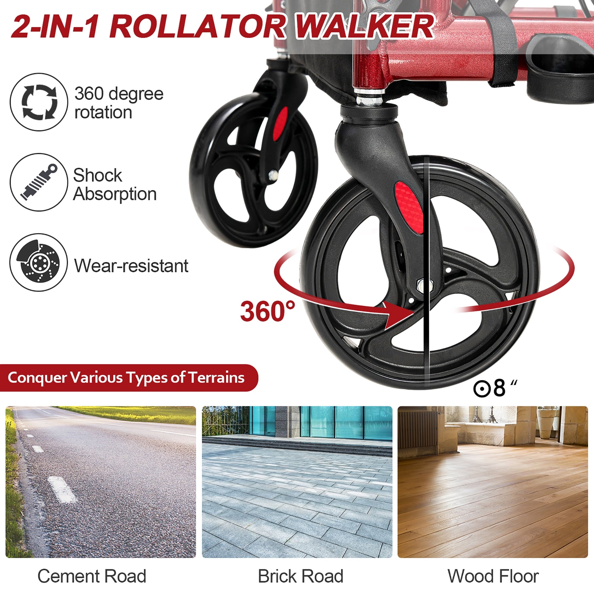 Rollator Walker with Seat Folding Walker with 8-inch Wheels Supports up to 350lbs Red