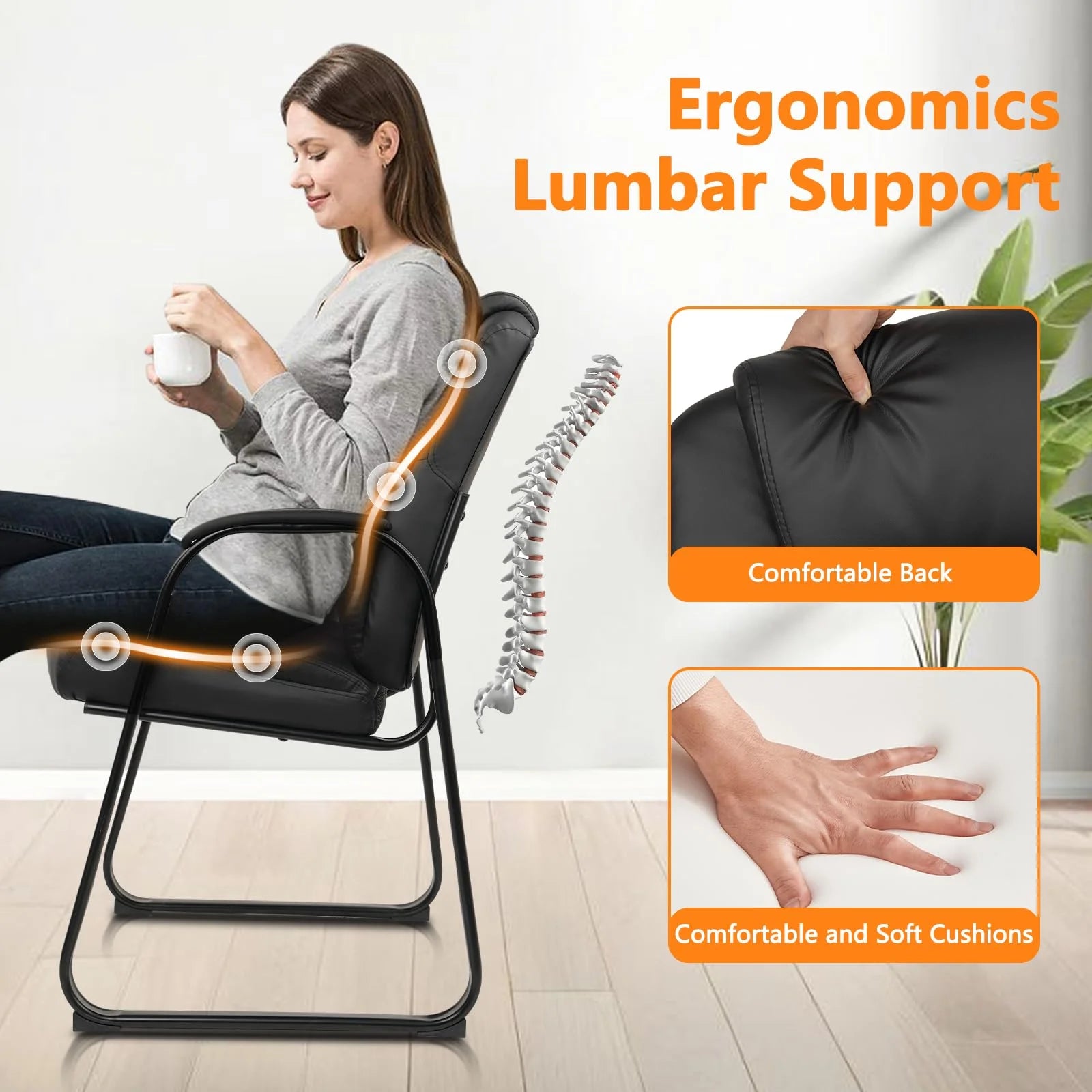 CLATINA Leather Guest Chair with Padded Arm Rest and Sled Base Meeting Conference and Waiting Room Side Office Home BIFMA Certified Black 1 Pack