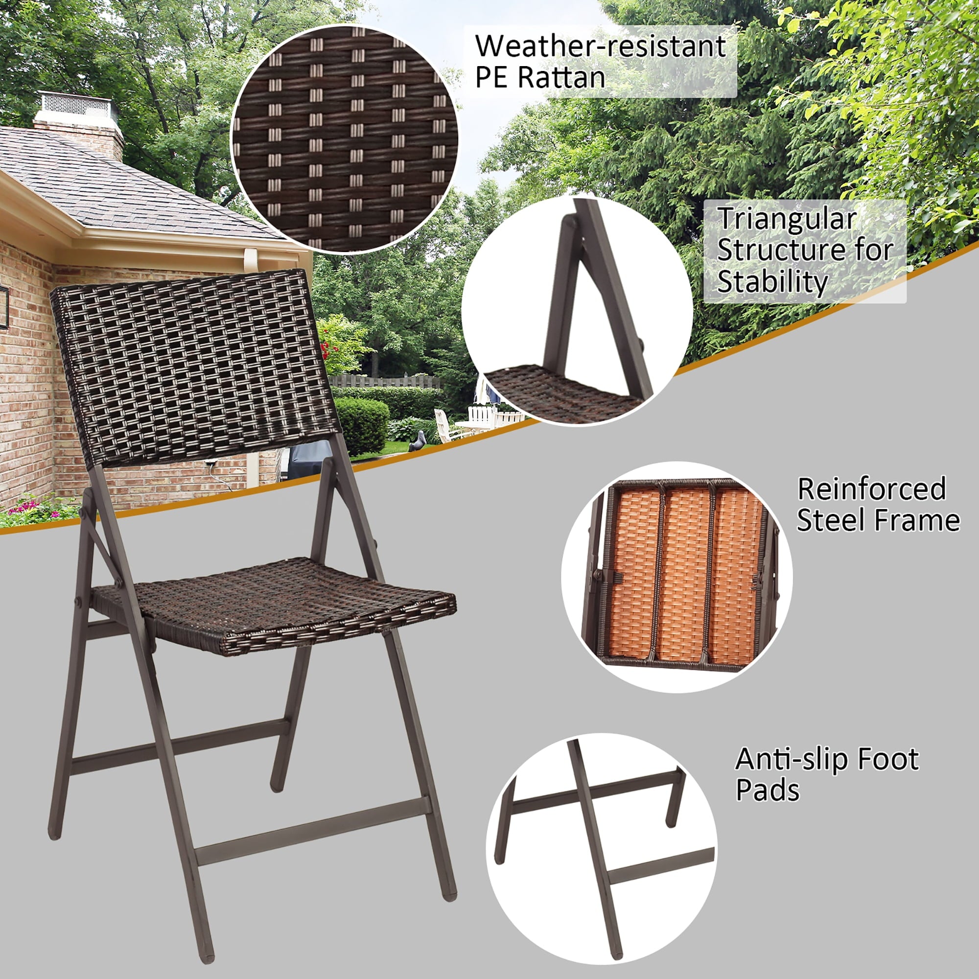 Set of 2 Patio Rattan Folding Dining Chairs Portable Garden Yard Brown