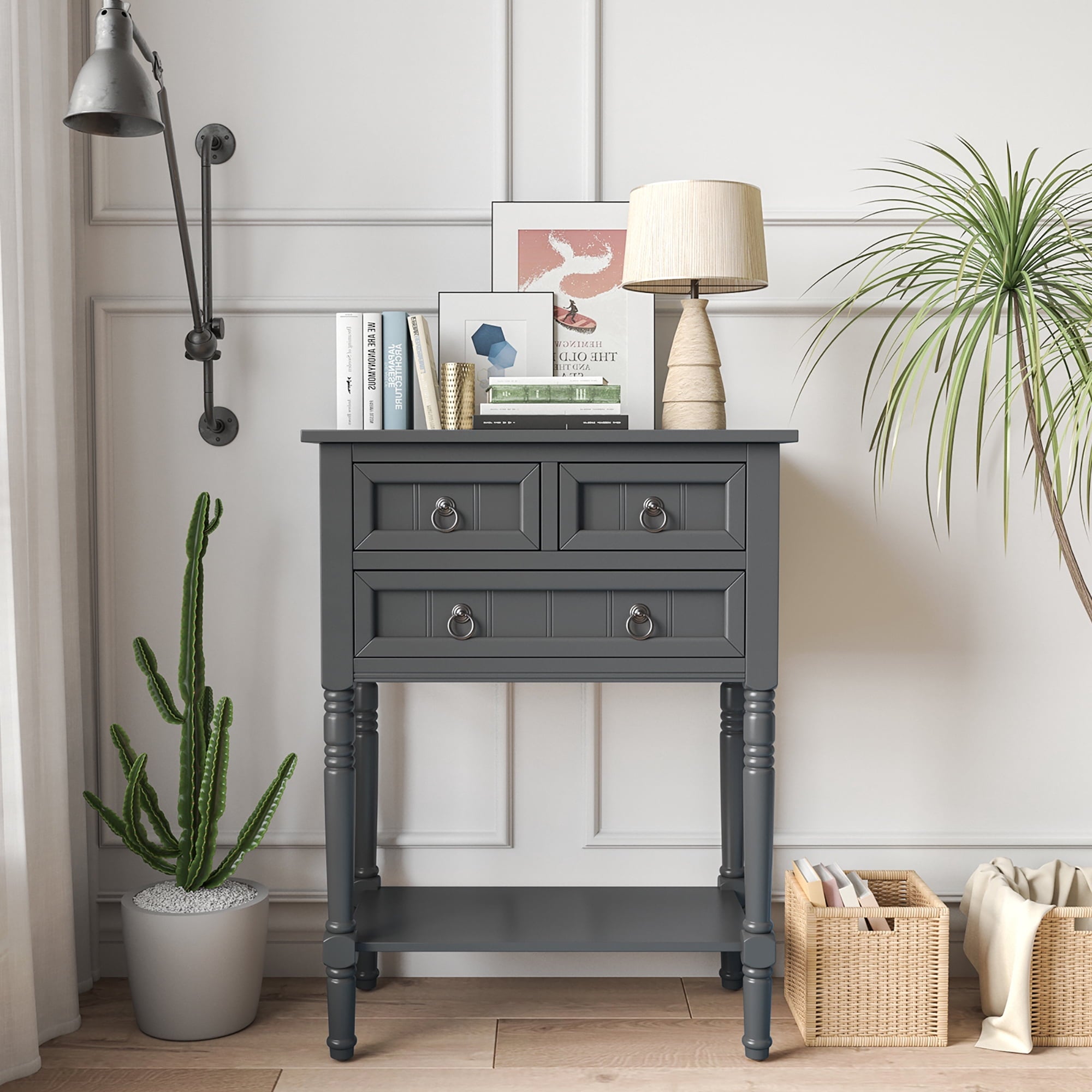 Console Entryway Table w/ 3 Drawers Open Shelf for Hallway Living room Dark Grey