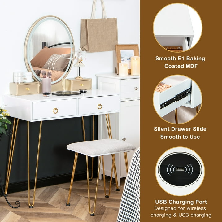 Industrial Mirrored Vanity Makeup Dressing Table Padded Stool Set 3-Color Lights