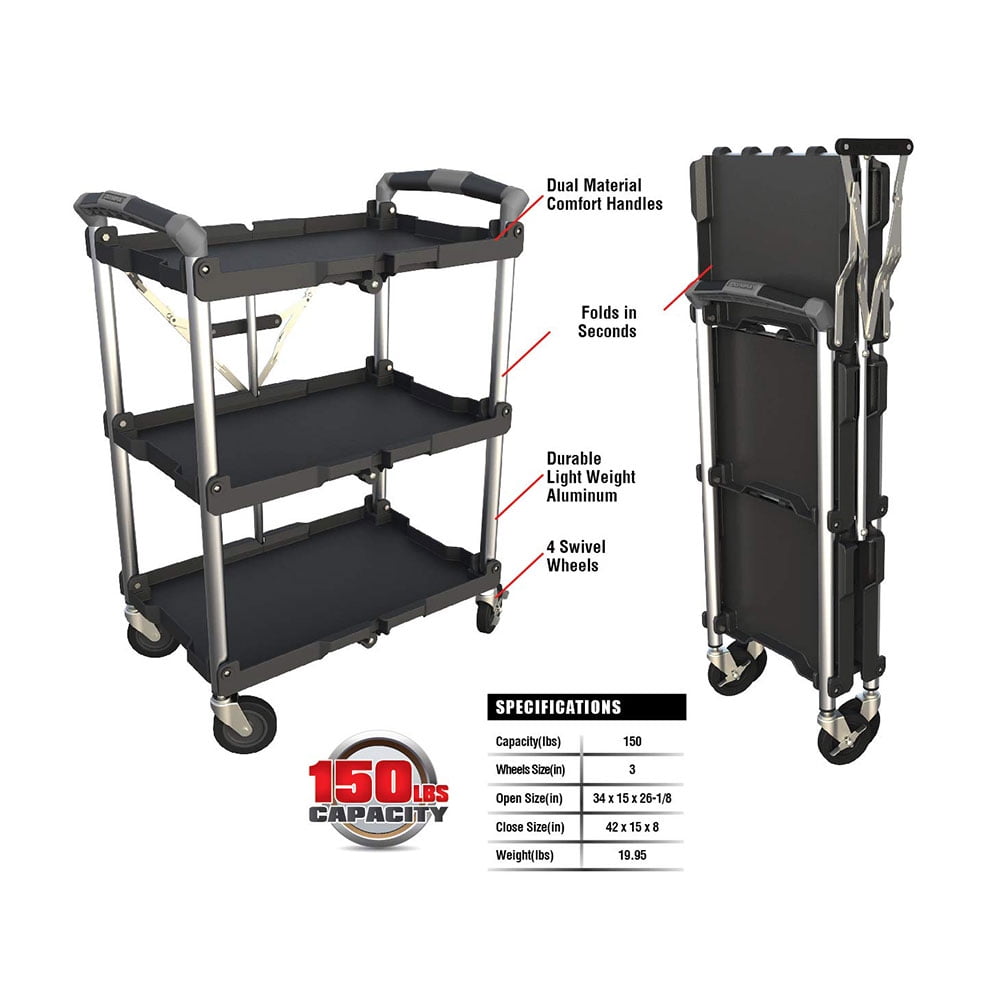 Olympia Tools 85-188 Pack N Roll 3 Tier Collapsible Rolling Service Cart (Size:9.84" x 17.72" x 42.13")