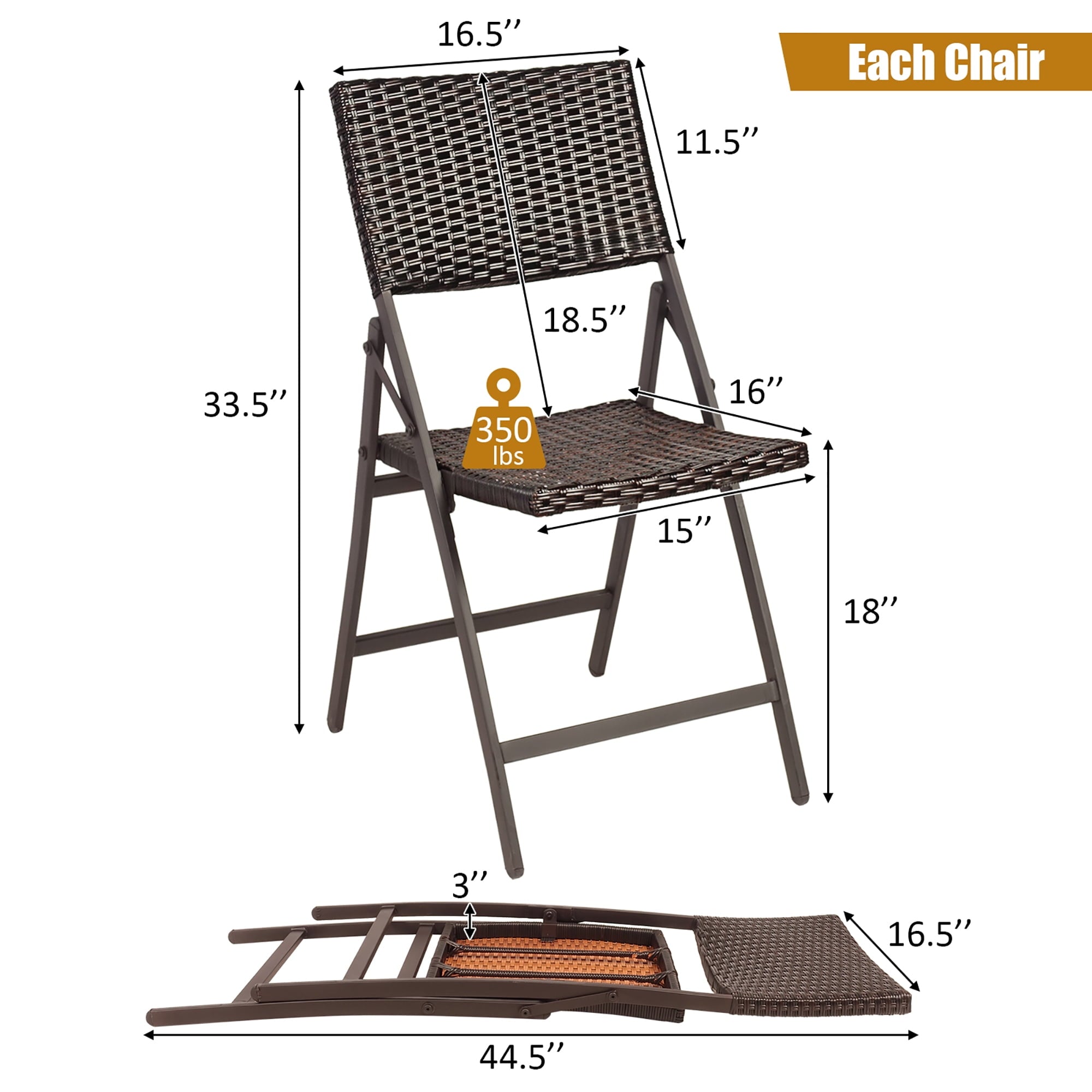 Set of 2 Patio Rattan Folding Dining Chairs Portable Garden Yard Brown