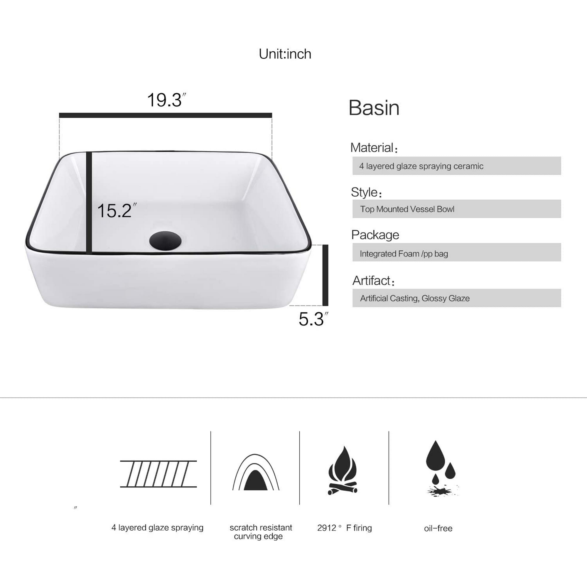 Rectangle Bathroom Sink Tempered Glass Vessel Sink Combo with Faucet 1.5 GPM and Pop up Drain Bathroom Bowl