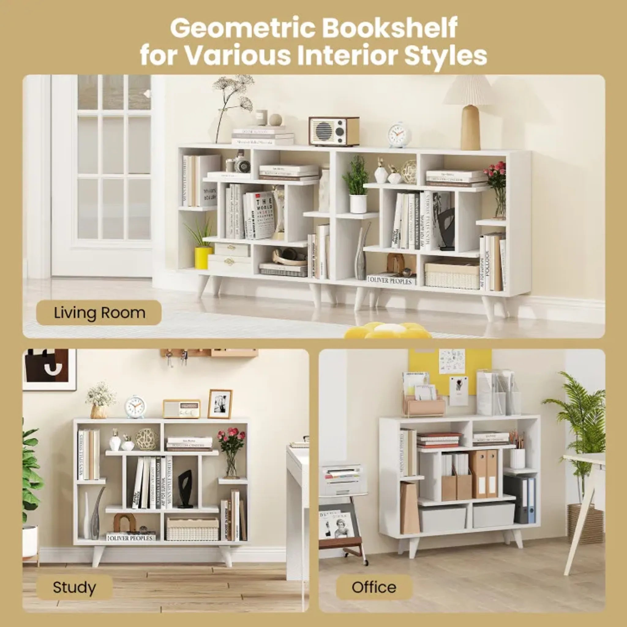 Geometric Bookcase with Anti-Tipping Kit and Storage Shelving Unit