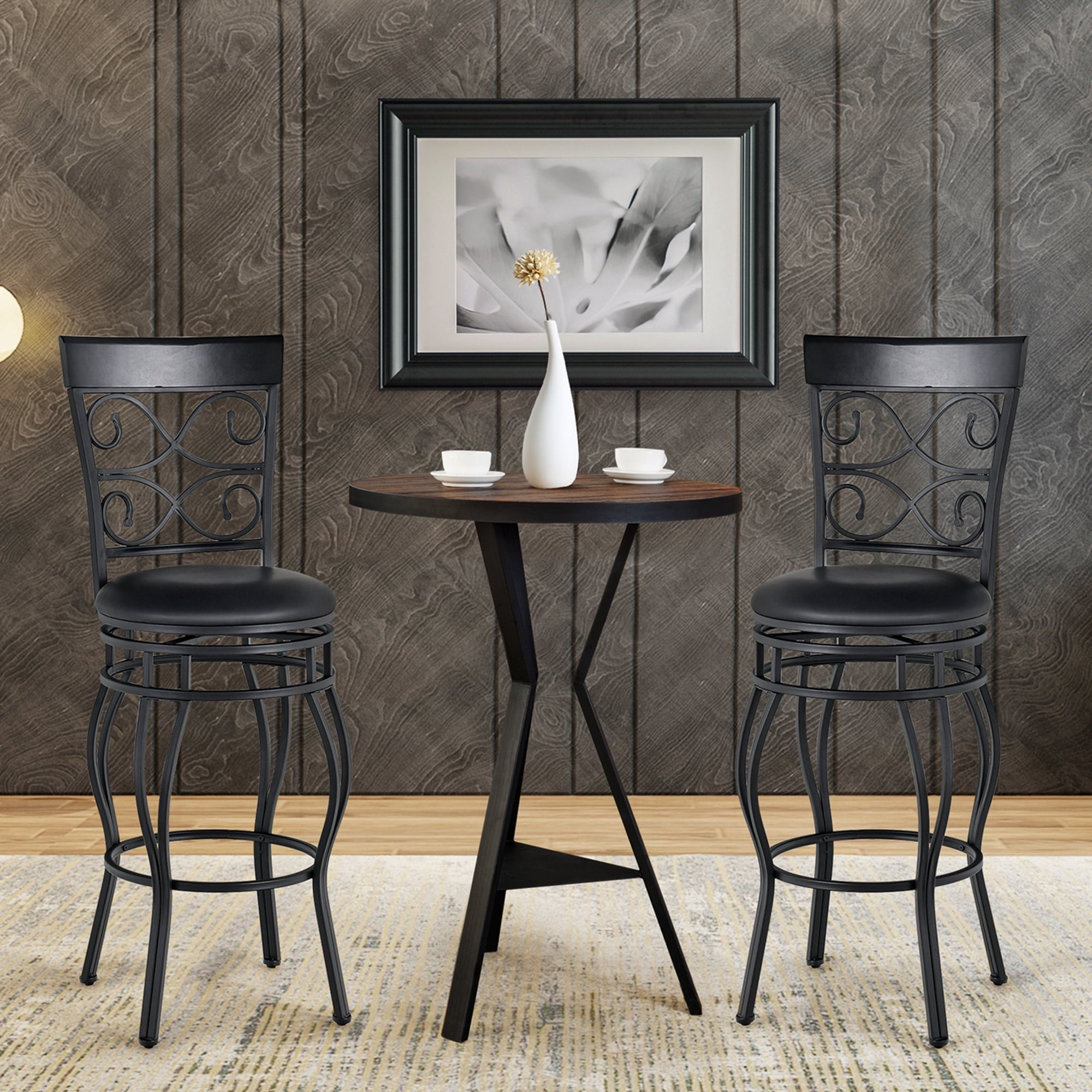 Set of 2 Vintage Swivel Bar Stools 30'' Bistro Upholstered Dining Chairs Black