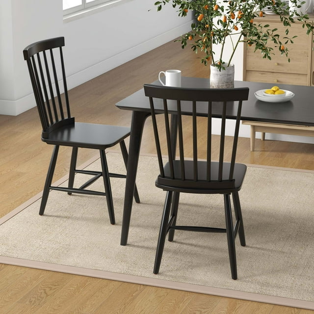 Costway Windsor Dining Chairs Set of 2 Armless Spindle Back Solid Rubber Wood Black