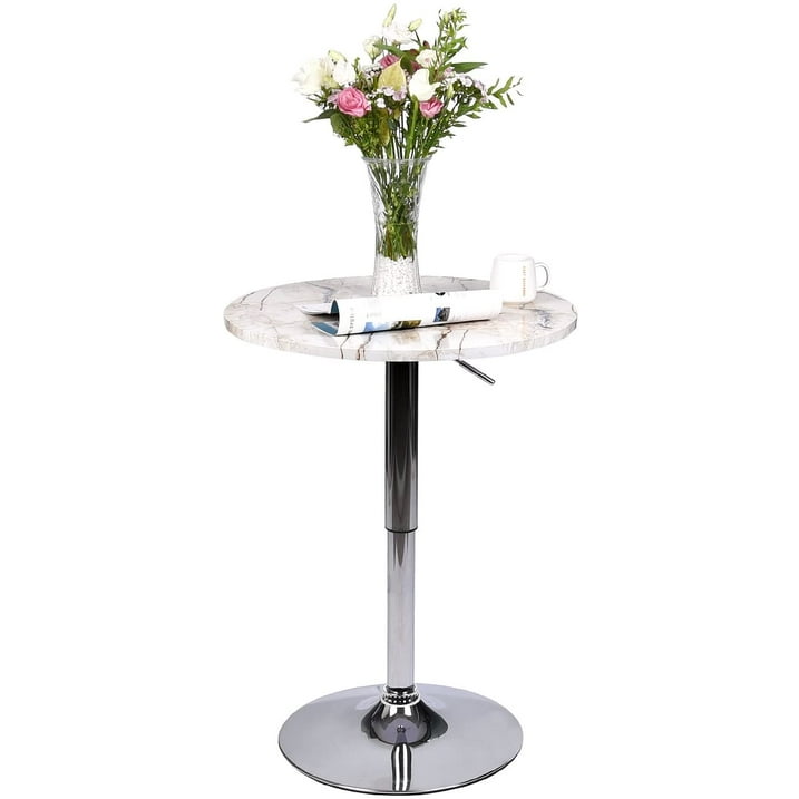 ELECWISH 35 Inches Height Modern Round Bar Table Adjustable Height Chrome Metal and Wood Cocktail Dinner Pub Table MDF Top 360Swivel Furniture, Marble Stripe