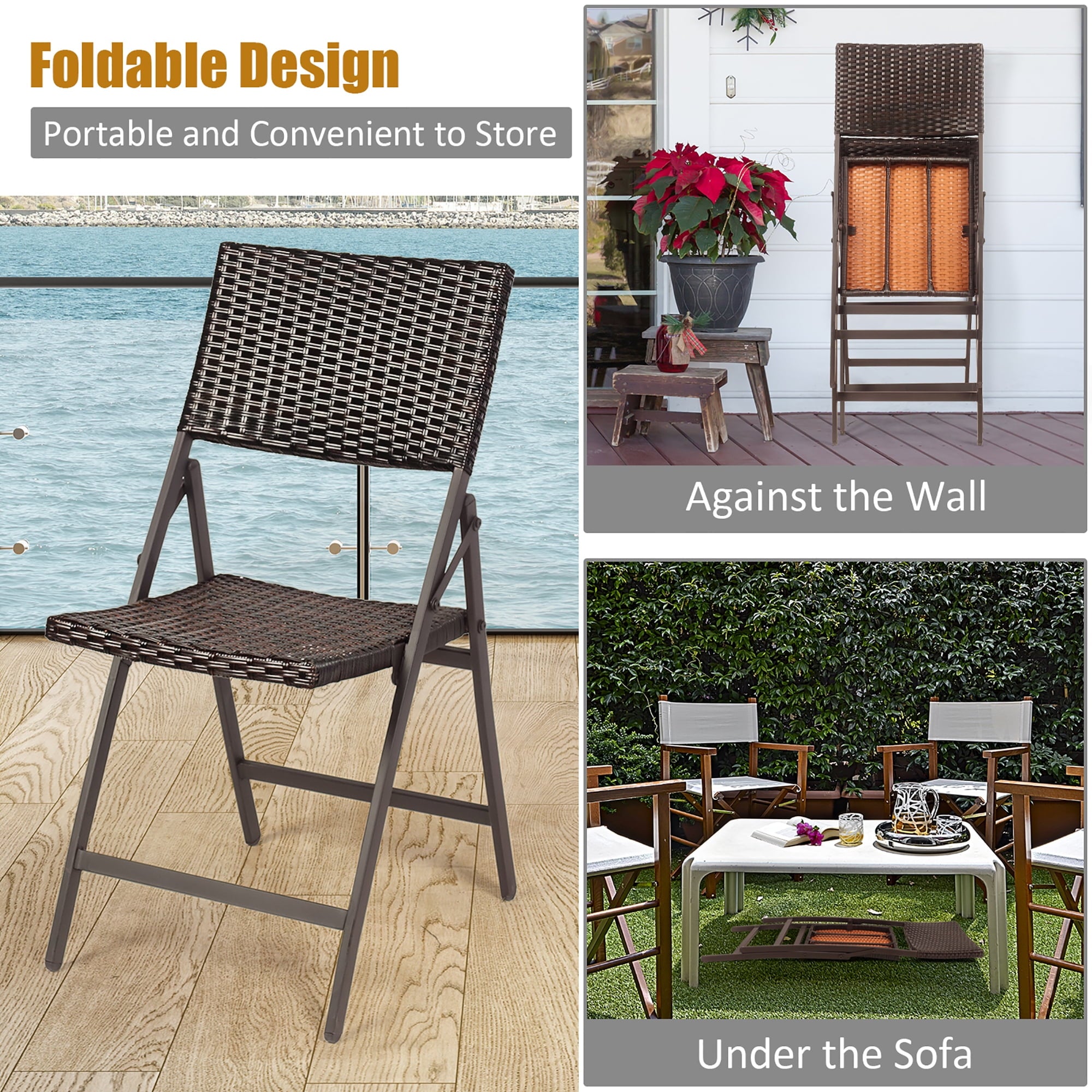 Set of 2 Patio Rattan Folding Dining Chairs Portable Garden Yard Brown