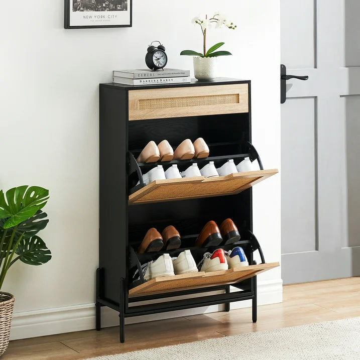 Natural Rattan 2 Flip Door Shoe Cabinet with 1 Drawer, Shoe Rack Storage Organizer for Sneakers, Leather Shoes, High Heels, Slippers, Free Standing Shoe Rack, Entrance Hallway Bedroom Mudroom