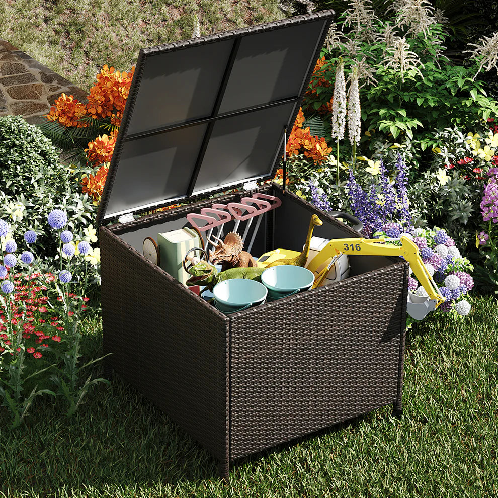 Garvee 90 Gallon Outdoor Storage Deck Box with Wheels - Weatherproof Rattan Resin Bin for Patio Cushions & Garden Tools, Flip Lid, Dark Brown Gradient
