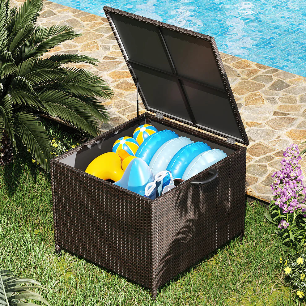 Garvee 90 Gallon Outdoor Storage Deck Box with Wheels - Weatherproof Rattan Resin Bin for Patio Cushions & Garden Tools, Flip Lid, Dark Brown Gradient