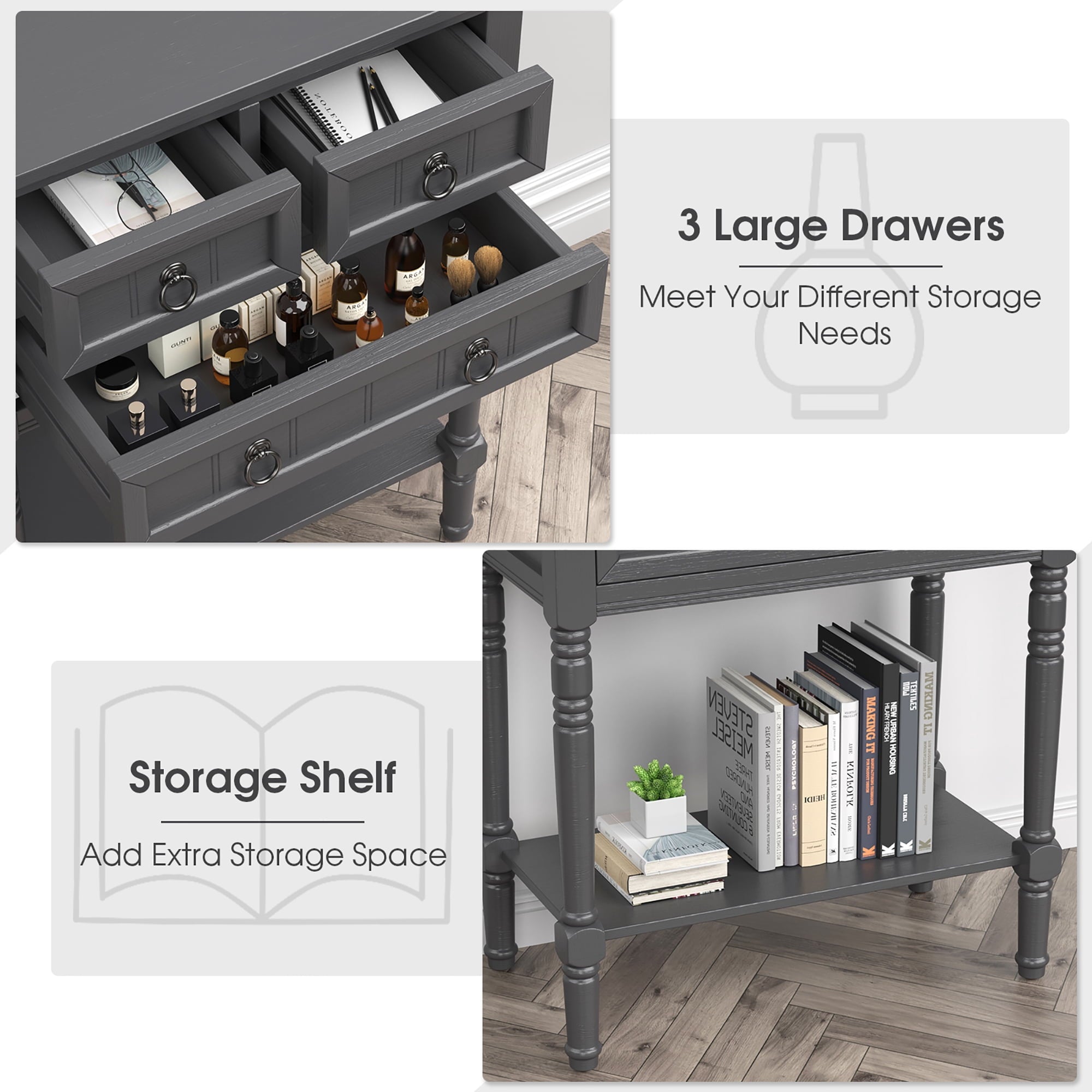 Console Entryway Table w/ 3 Drawers Open Shelf for Hallway Living room Dark Grey