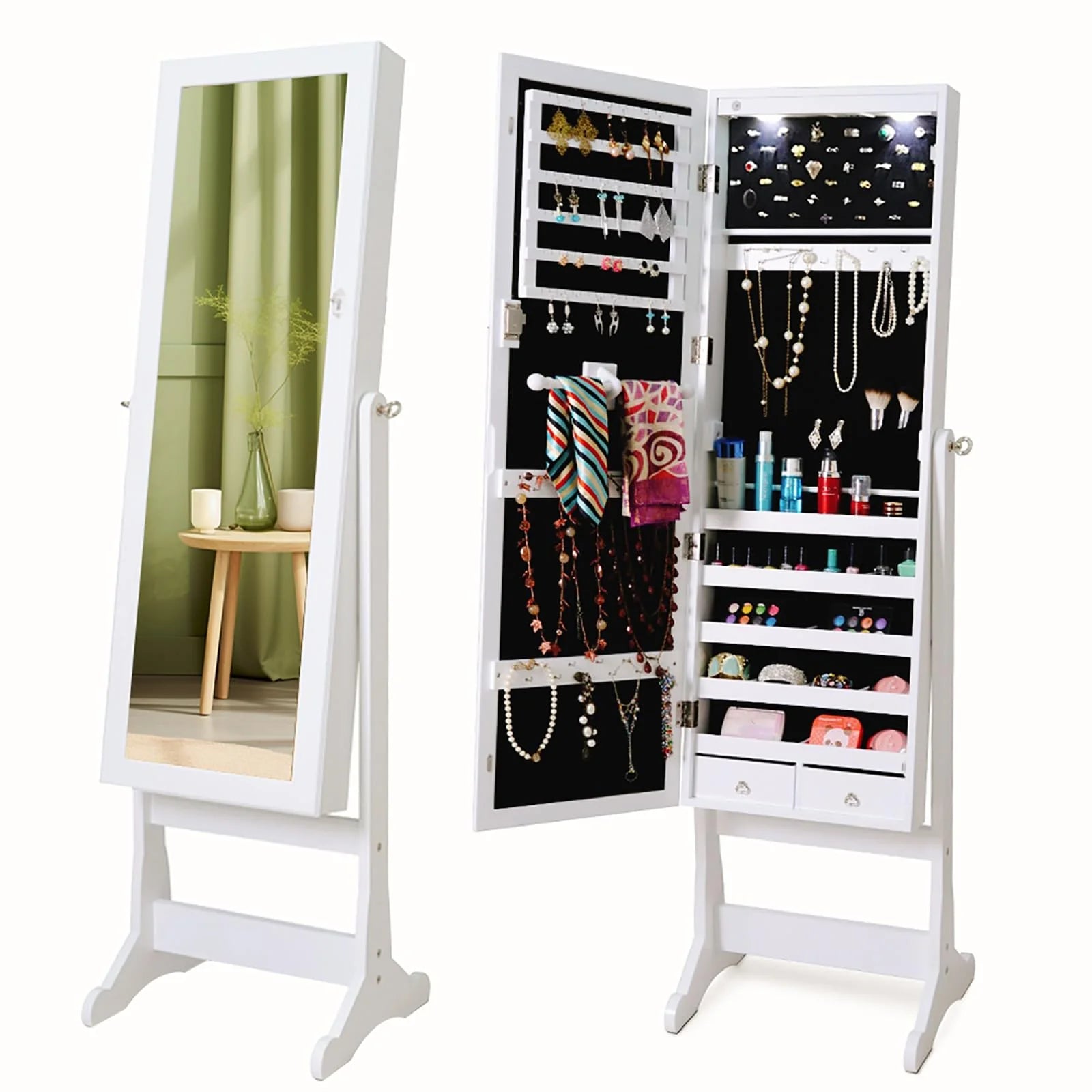 Giantex 57.5"H 2 LEDs Standing Jewelry Cabinet with Full Length Mirror with 2 Drawers, 4 Adjustable Angles, Jewelry Storage Organizer