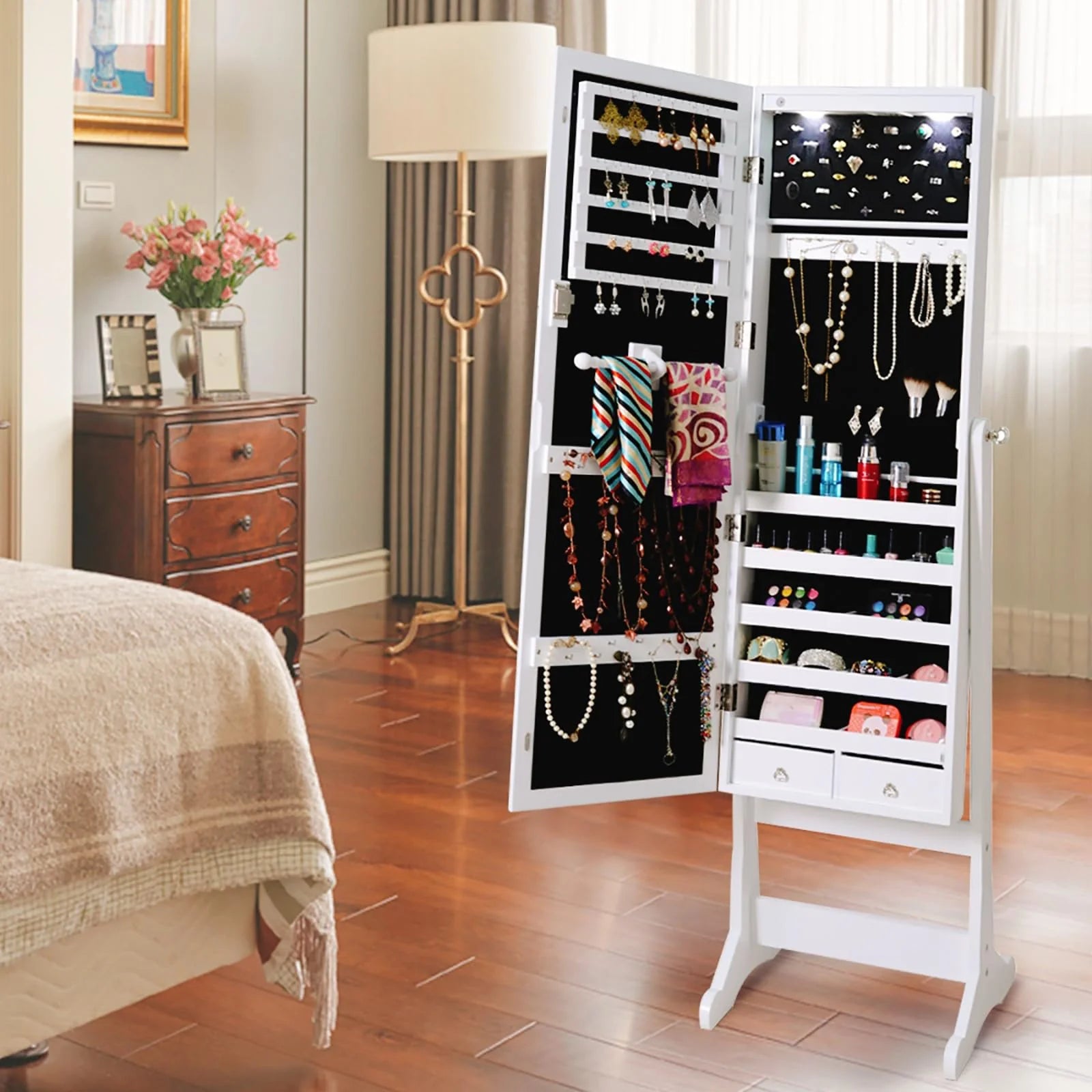 Giantex 57.5"H 2 LEDs Standing Jewelry Cabinet with Full Length Mirror with 2 Drawers, 4 Adjustable Angles, Jewelry Storage Organizer