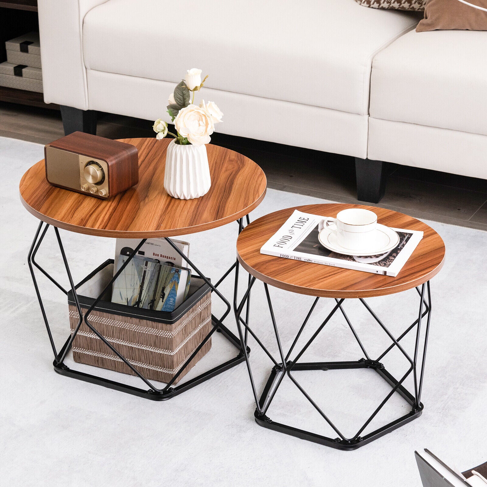 Set of 2 Round Coffee Tables Circle Side Tea End Table w/ Pentagonal Steel Base