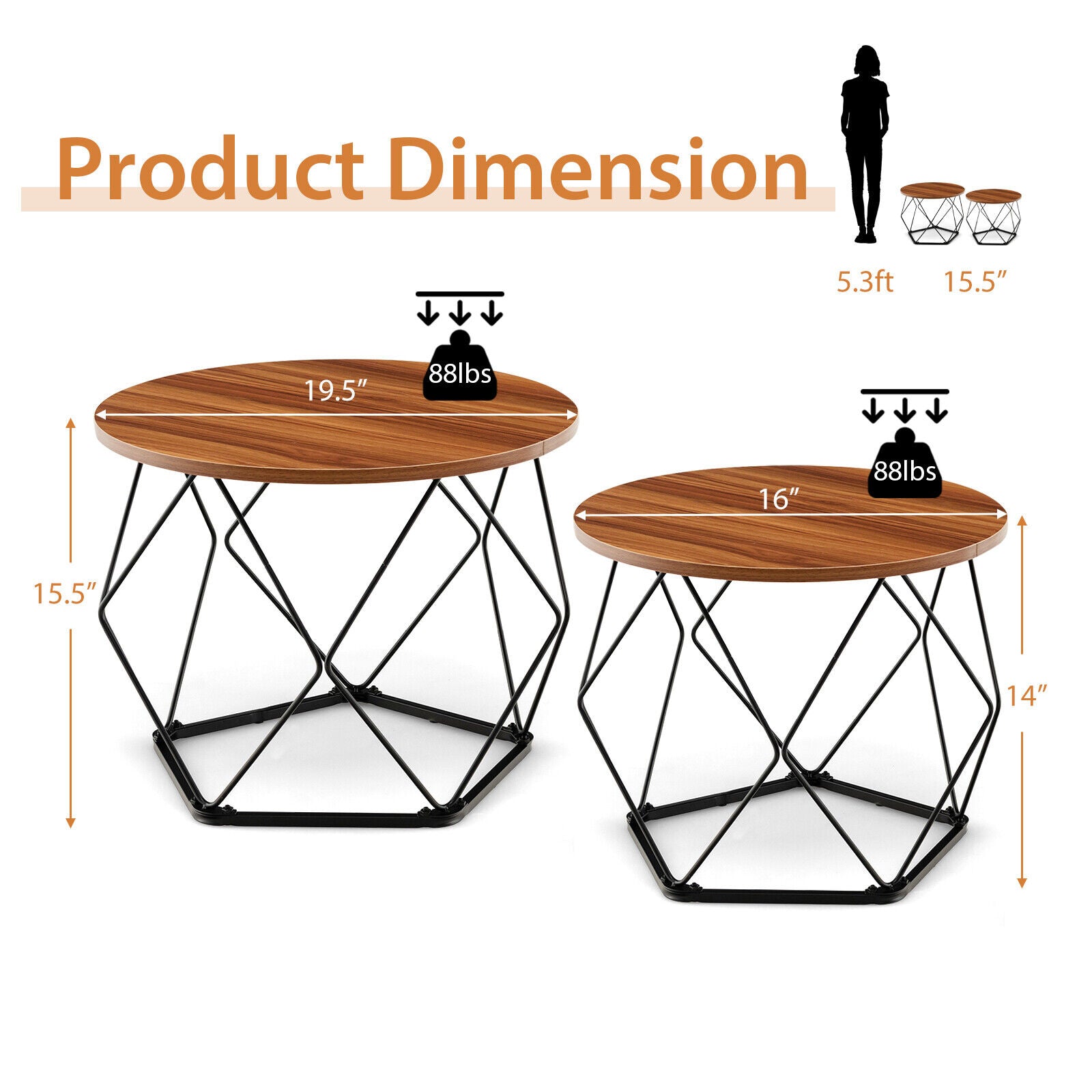 Set of 2 Round Coffee Tables Circle Side Tea End Table w/ Pentagonal Steel Base