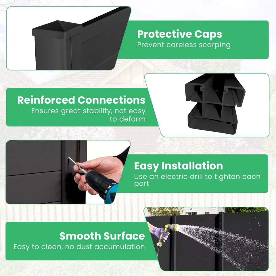 Outdoor 2-Pack Picket Fence PVC Privacy Panels W/ 3 Cuspidal Foot Stakes Black