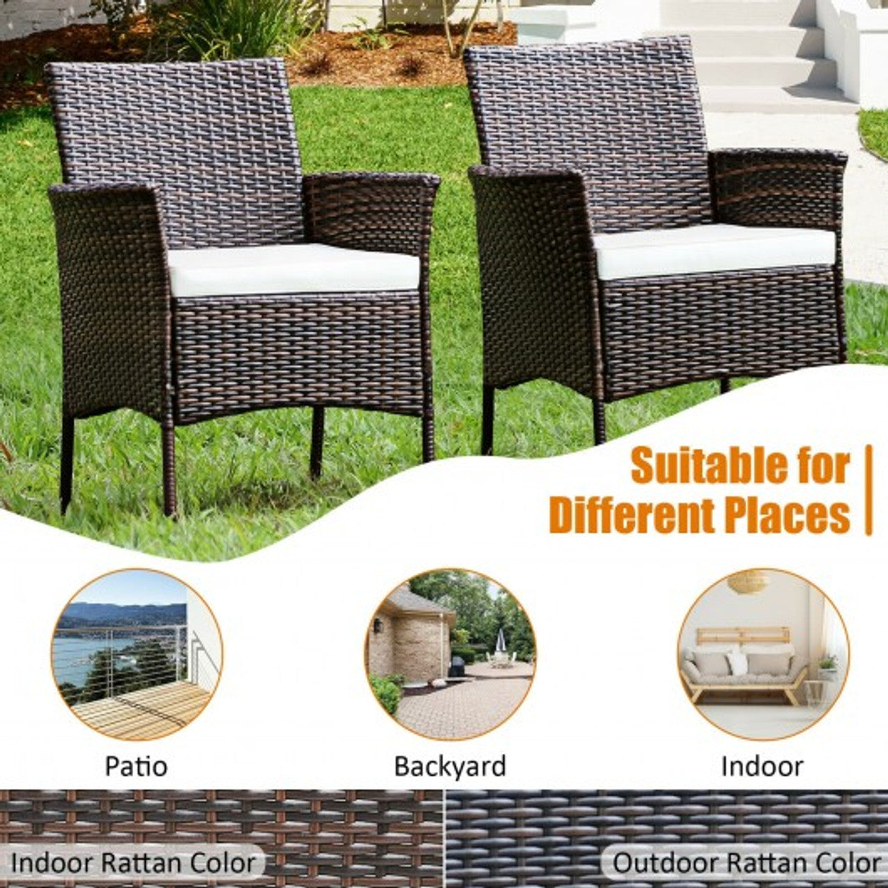 2 Pieces Rattan Arm Dining Chair Cushioned Sofa Furniture Patio