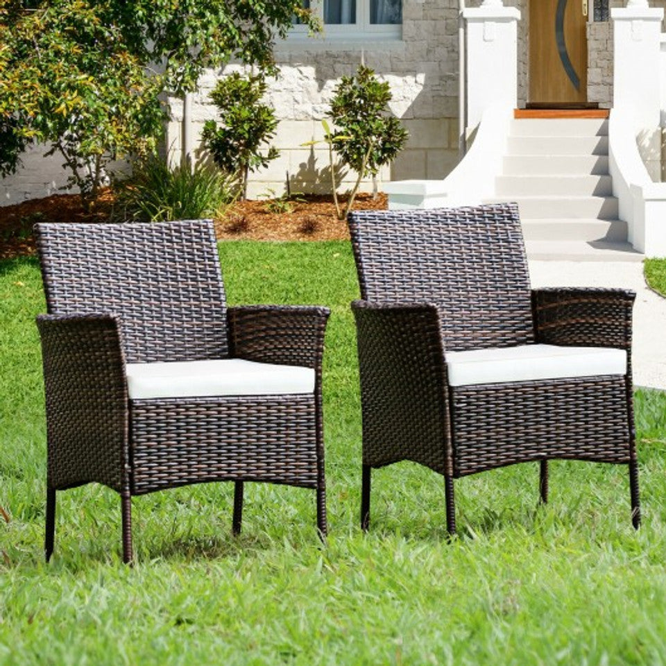 2 Pieces Rattan Arm Dining Chair Cushioned Sofa Furniture Patio